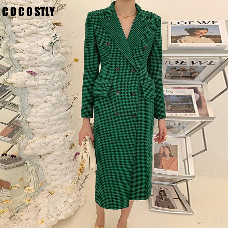 

New 2021 Women winter coat fashion Green Plaid woolen Coat Double Breasted Houndstooth slim Long Fashion Wool Overcoat, Pink
