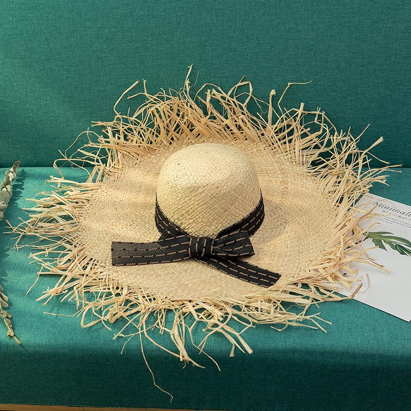 

Summer Simple Solid Color Hand Woven Bow Raffias Ladies Sun Hat With Big Brim Straw Hat Outdoor Beach Summer, Black