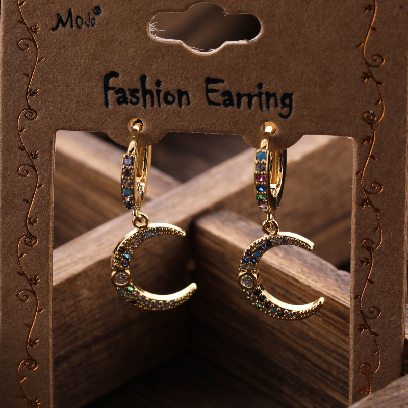 

Womens Fancy High Quality Gold Plated Brass Moon Hoop Earring Multi Color Micro Pave Zircon Charm Earrings