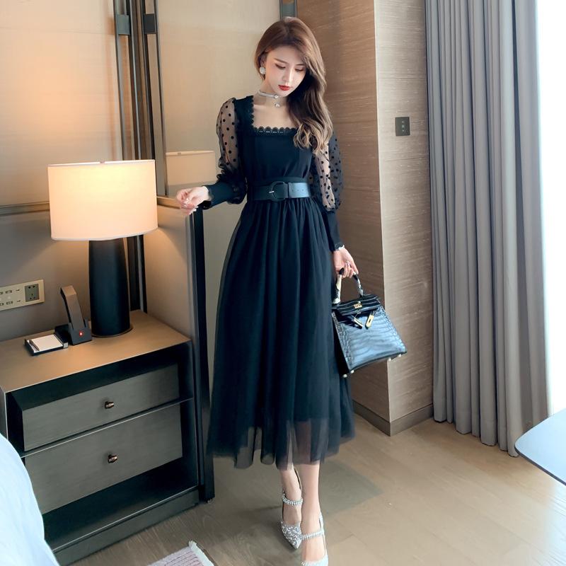 

2020 Autumn Winter Woman' New Arrival Korean Corset Midi Black Print Polka Dot Mesh Patchwork Long Sleeve Elegant Dress Vestido