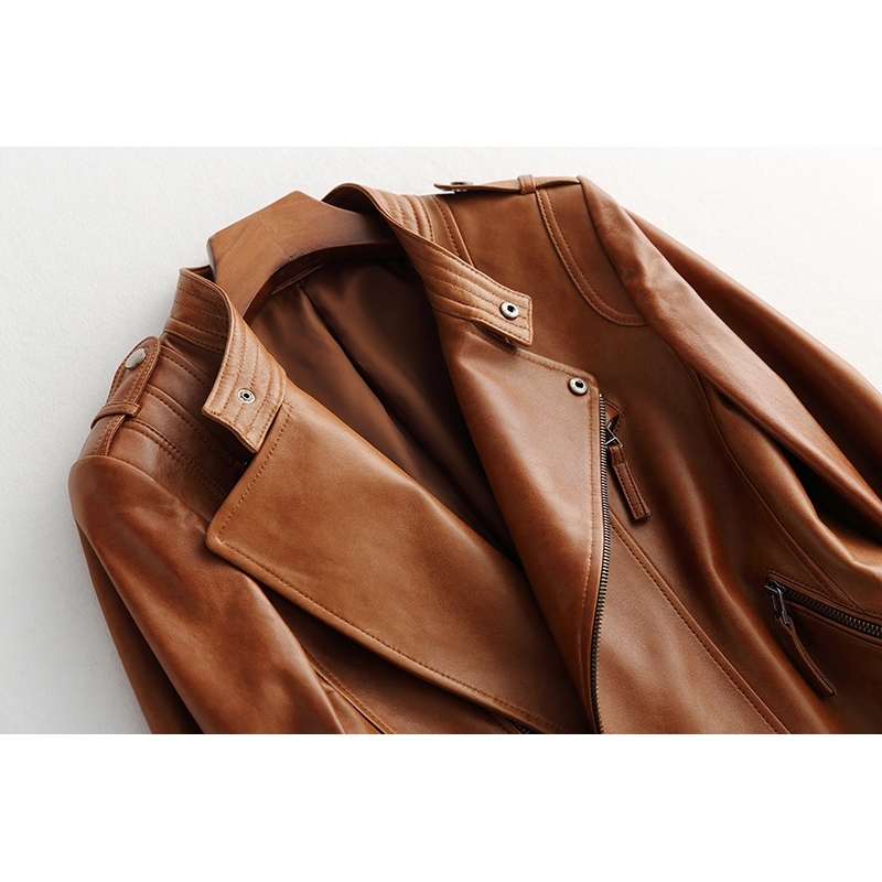 

Genuine Ayuynsue, 2020, Leather, Female, Korean, Vintage, Lambskin, Motorcycle, Jacket, Spring, Autumn, Vwft, Black one