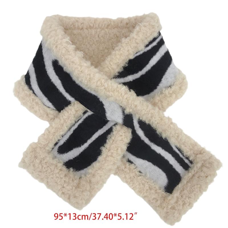 

Women Winter Fuzzy Plush Cross Tie Collar Scarf Zebra Stripes Shawl Neck Warmer