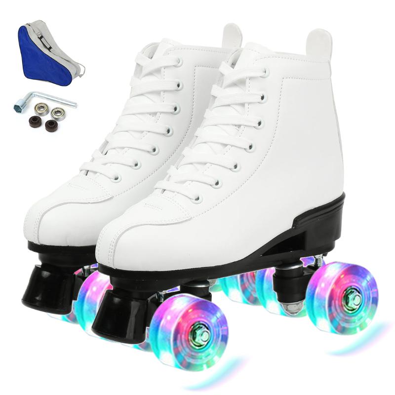 

Women White PU Leather Roller Skates Skating Shoes Sliding Inline Quad Skates Sneakers Training Europe Size 4 Wheels Flash Wheel, Black black wheel