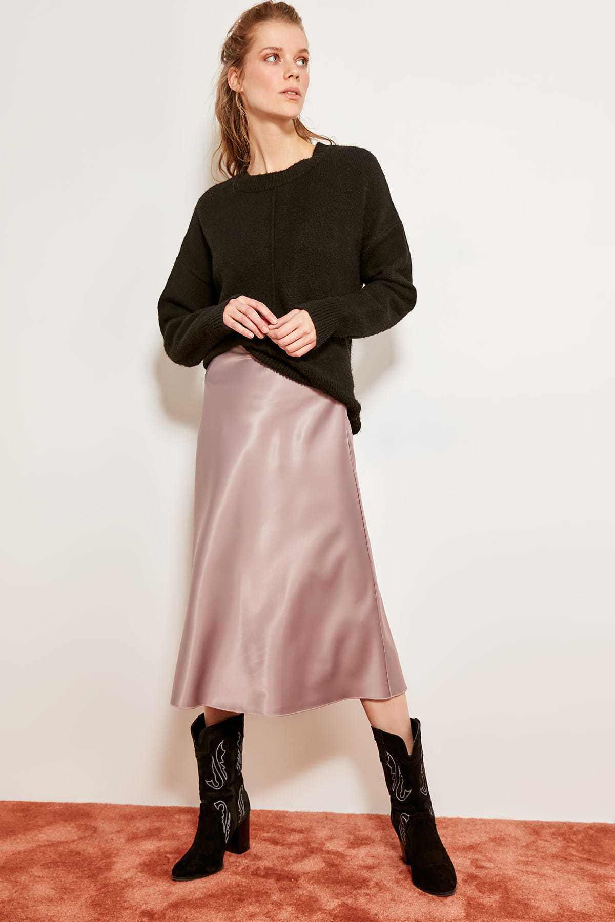 

Trendyol Mink Mustard Silk Satin High-waist Women Knee-length Skirt Chic Style TOFSS19WX0013 Y200326, Gold