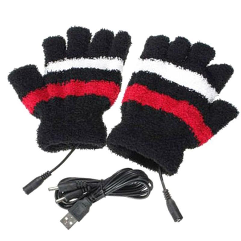 

Unisex Winter USB Heated Fingerless Gloves Fuzzy Plush Striped Electric Heating Half Finger Mittens Thermal Hand Warmer