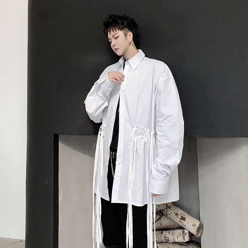 

2021 New S-6xl!! Spring Black Ribbon Loose Design-fit with Long Sleeves Hipster Man Stage Dress Solid Color Shirt 384X, White