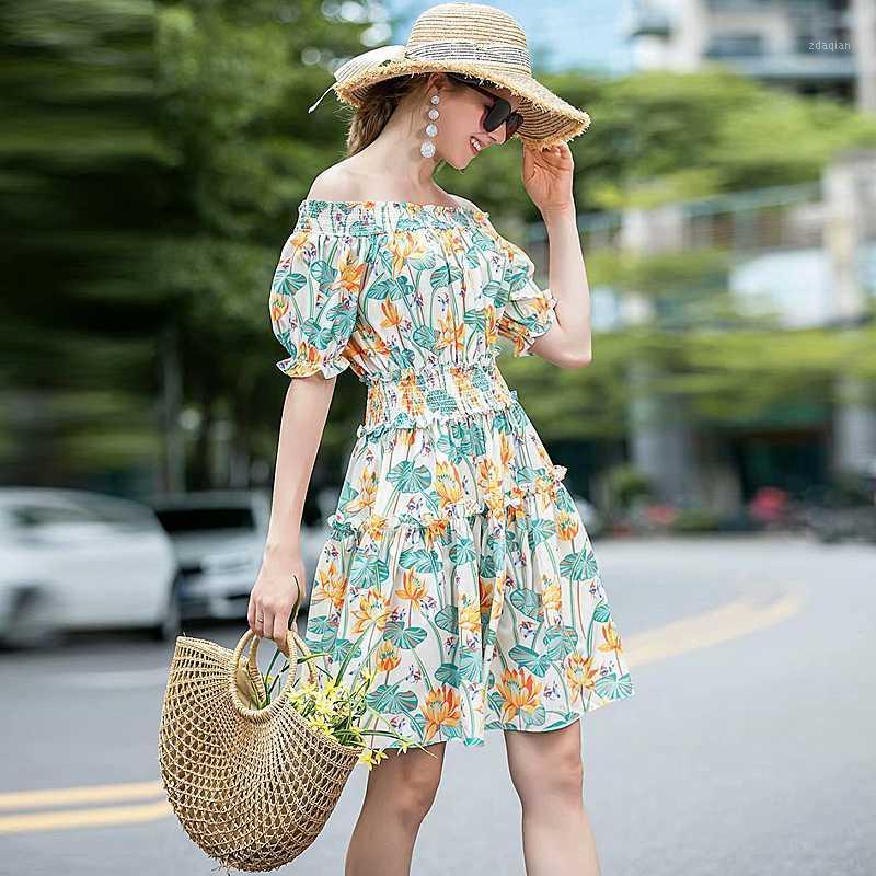 

Mini Dress High Quality Summer 2020 New Women' Beach Outing Party Sexy Elegant Chic Elastic Strap Off Shoulder Print Dresses1, Multi