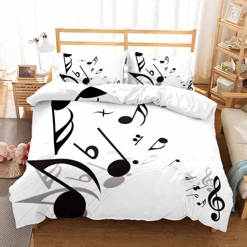 

3D Printing Bedding Set Music Note Black & White Piano Keys Guitar 2/3 Pieces Duvet Cover Sets Soft Microfiber Bed Clothes, As picture