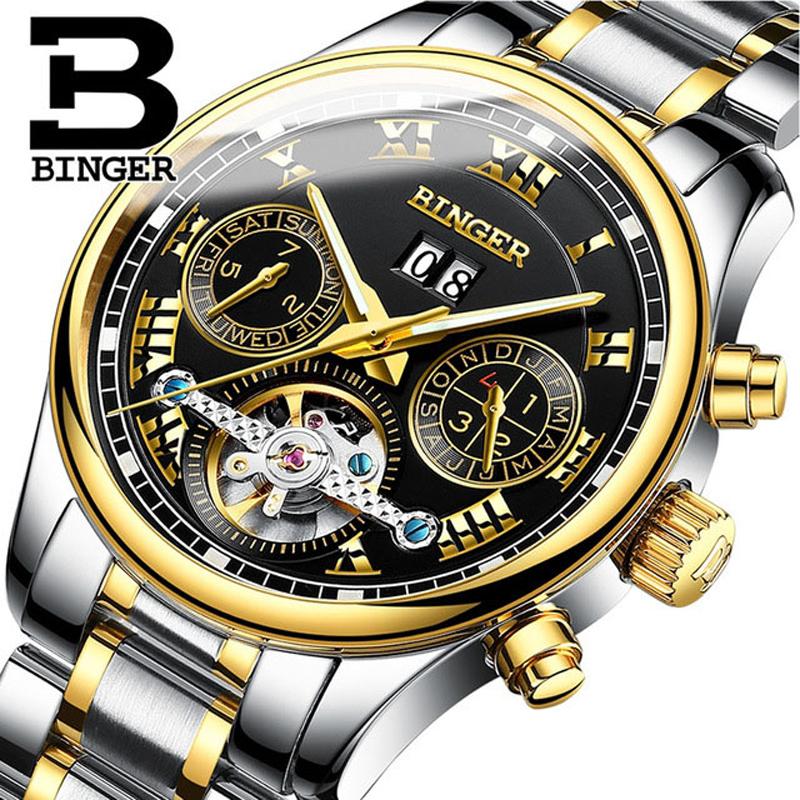 

BINGER Men's Watches Top Calendar Week Automatic Watch Men Tourbillon Watch Fashion Casual Business Wristwatch, Leather gold