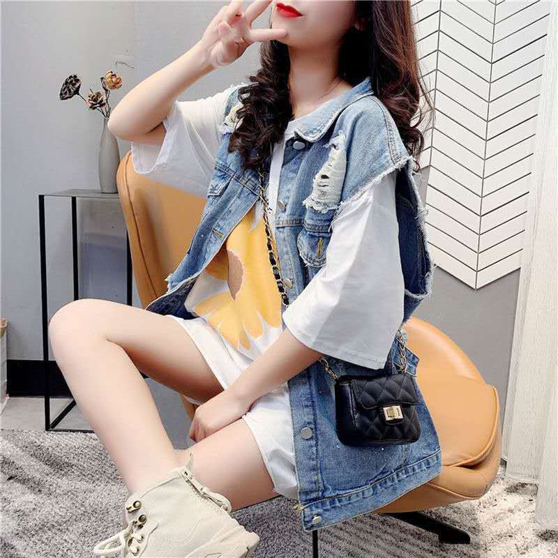 

New Spring Denim Vest Women's Coat Vintage Single-breasted Hole Sleeveless Casual Jeans Jackets Coats Waistcoat, Black;brown