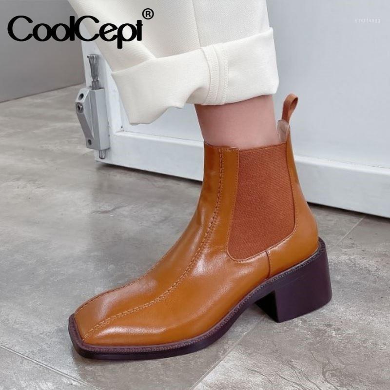 

CoolCept High Quality Shoes Ankle Boots Square Toe Thick Heel Slip On Shoes Solid Vintage Female Footwear Size 33-411, Black