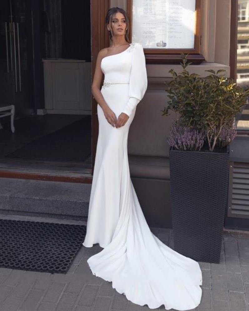 New Satin Mermaid Wedding Dress 2021 Long Sleeve One Shoulder Backless Boho Bridal Gowns Vestido De Mariee
