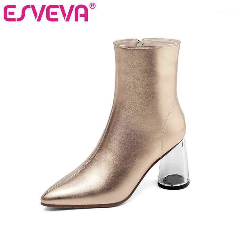 

ESVEVA 2020 Women Shoes Winter Ankle Boots Leather+pu Square High Heel Zipper Motorcycle Fashion Platform Boots Size 34-391, Silver
