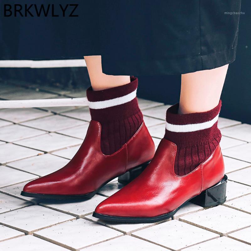 

Women's Boots Pointed Toe Short Tube Square High-Heeled Shoes Socks Boots short tube thick with elastic Plus size 431, Red