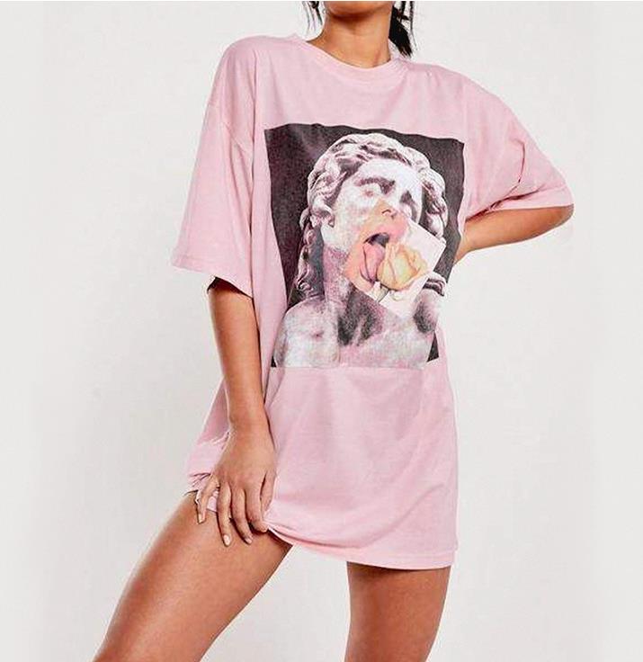 

Designer fashion women Portrait printed short sleeve T-shirt ladies summer clothing tops loose shirts tees size M~XXL, Pink