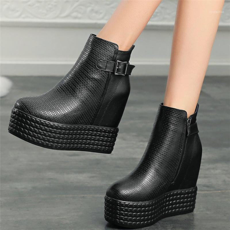 

Fashion Sneakers Women Genuine Leather Wedges High Heel Ankle Boots Female Round Toe Chunky Platform Pumps Shoes Casual Shoes1, Black