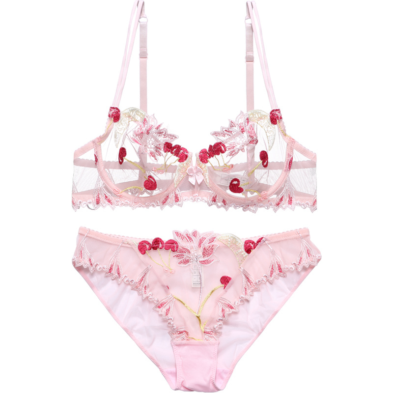 

Women's underwear Pink Bra and Panties Set Transparent Bra Set Lingerie Kawaii Cherry Embroidery Underwear Women Bra Unlined Y200708, Dark green
