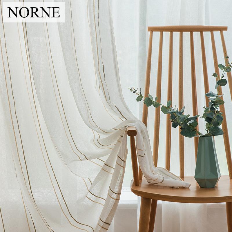 

NORNE Modern Semi White striped Tulle Yarn Dyed sheer Curtain Voile Panels for Window Living Room Bedroom Curtains Draperies