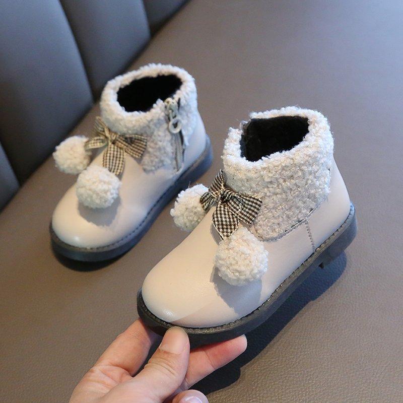 

Children Princess Snow Boots Winter Fashion Leather Soft Antislip Cute Furball Bowknot Girls Ankle Boots Kids Sport Running Shoe, Pink