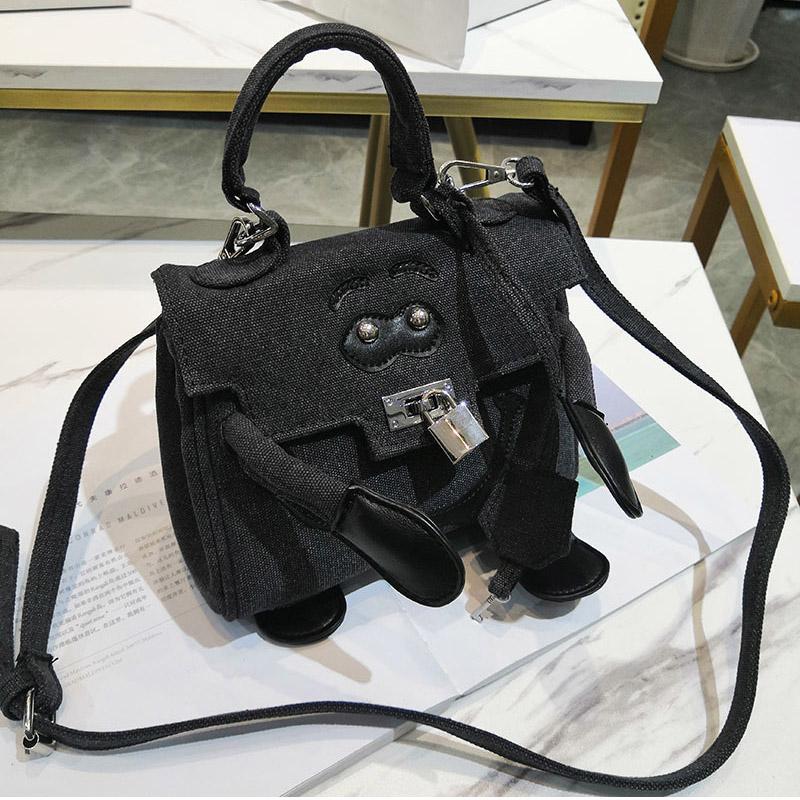 

New Army Green Small Canvas Shoulder Messenger Bag For Women Cute Monster Cartoon Designer Handbags And Purse Cross Body Female, Black