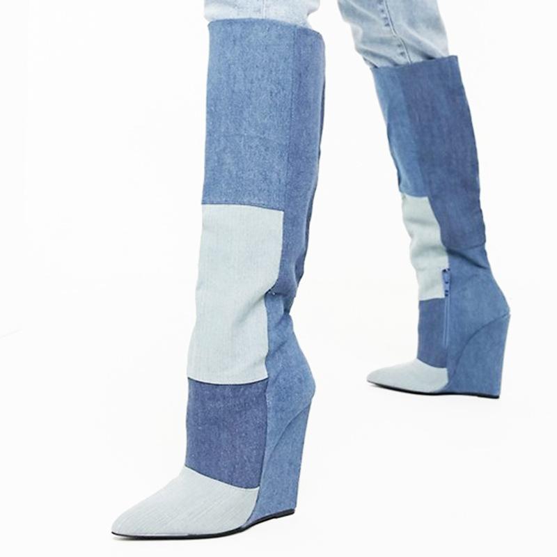 

Classical Style Denim Patchwork Knee High Boots Women Pointed Toe Mixed Color Slip-on Party Shoes Lady Side Zipper CasualShoes, As pic