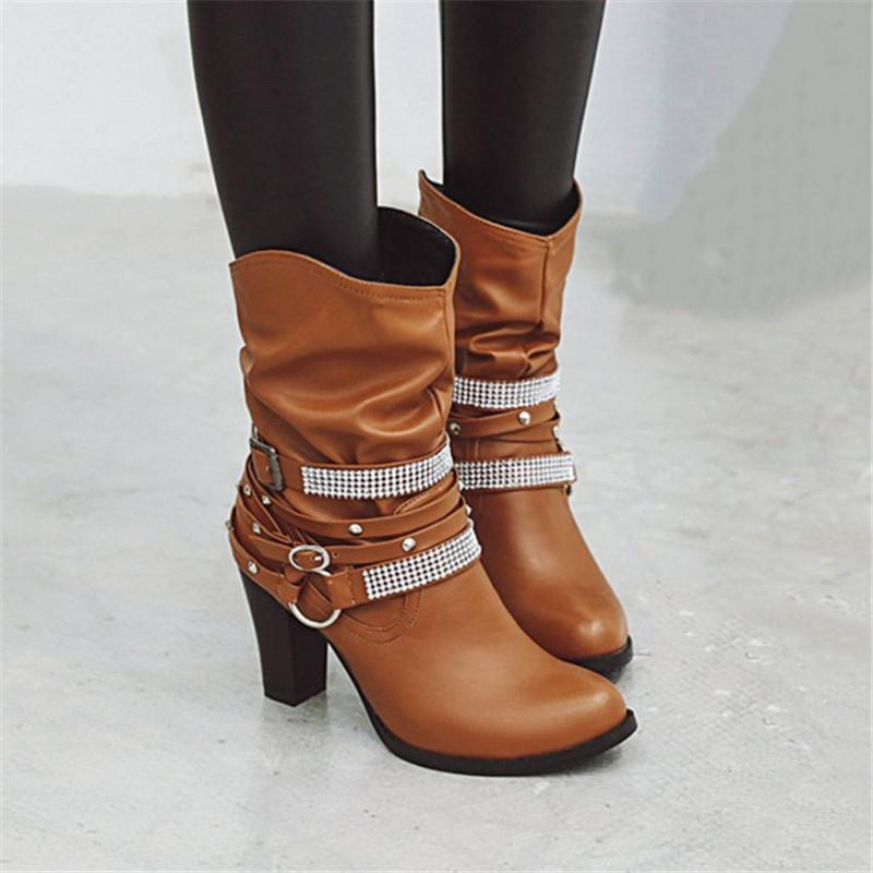 

PXELENA Crystal Rivet Buckle Western Cowboy Ankle Boots Women Block High Heels Slip On Motorcycle Biker Boots Ladies Shoes 34-43, Gray