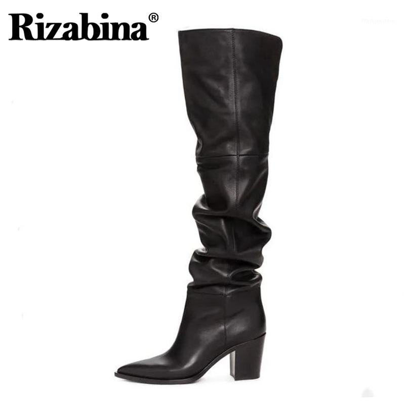 

RIZABINA Size 36-43 Real Leather Women Over Knee Boots Fashion Brand Sexy High Heel Winter Shoes Women Party Street Footwear1, Black