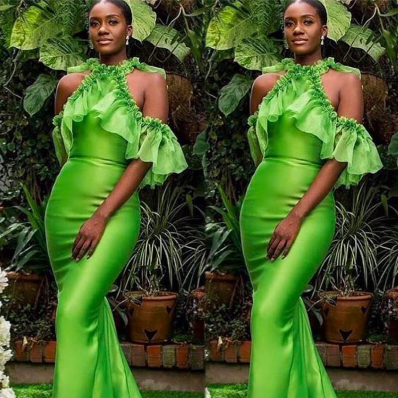 Green Prom Dresses 2021 Halter Neckline Ruffle Satin Mermaid Short Sleeves Evening Dresses Gowns Plus Size robes de soiree