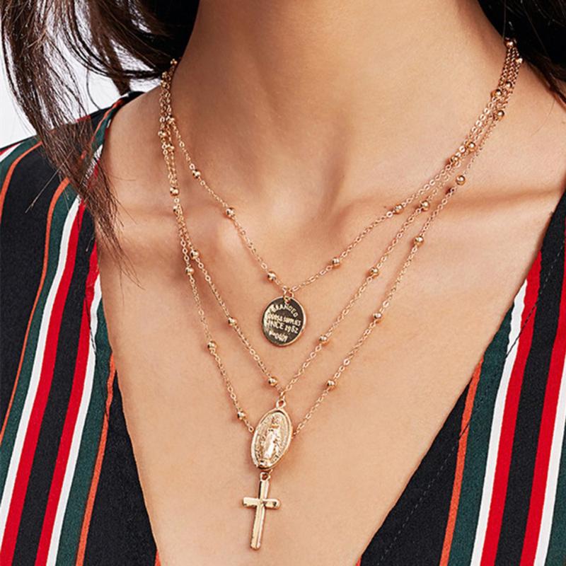 

Religious Wafer Dangle Necklace For Women Metal Multiple Pendants Necklace Fashion Bead Chain Anniversary Luxury Jewelry