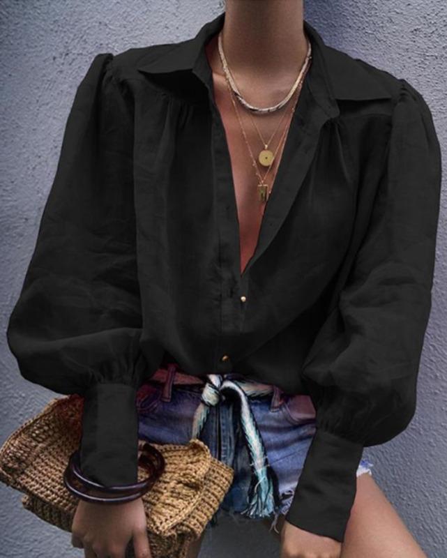 

Vintage Puff Sleeve Blouse Women Long Sleeve V-neck Casual Ladies Harajuku Tops Shirts 2021 New Fashion, Black