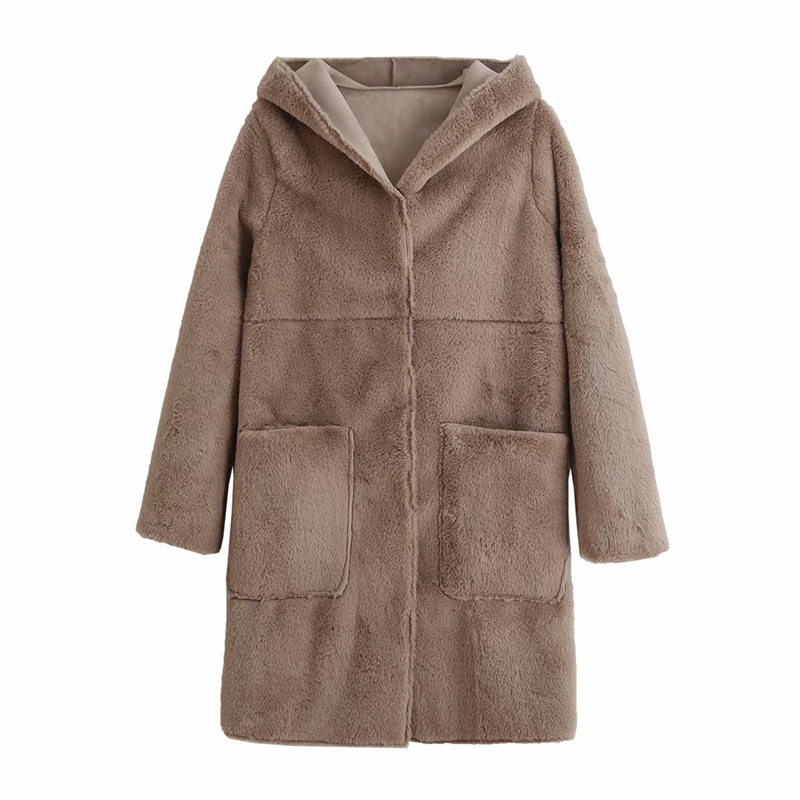 

2021 New Streetwear Women Solid Faux Fur Coats Fashion Ladies Button Loose Outercoat Causal Female Chic Pocket Hooded Coat Ui74, Gray