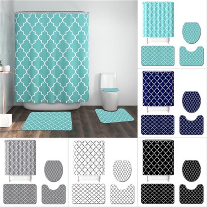 

Bathroom Mat Set Non-slip Lantern Pattern Bathroom Mat Suit Coral Fleece Shower Curtain Floor Washable Toilet Rug