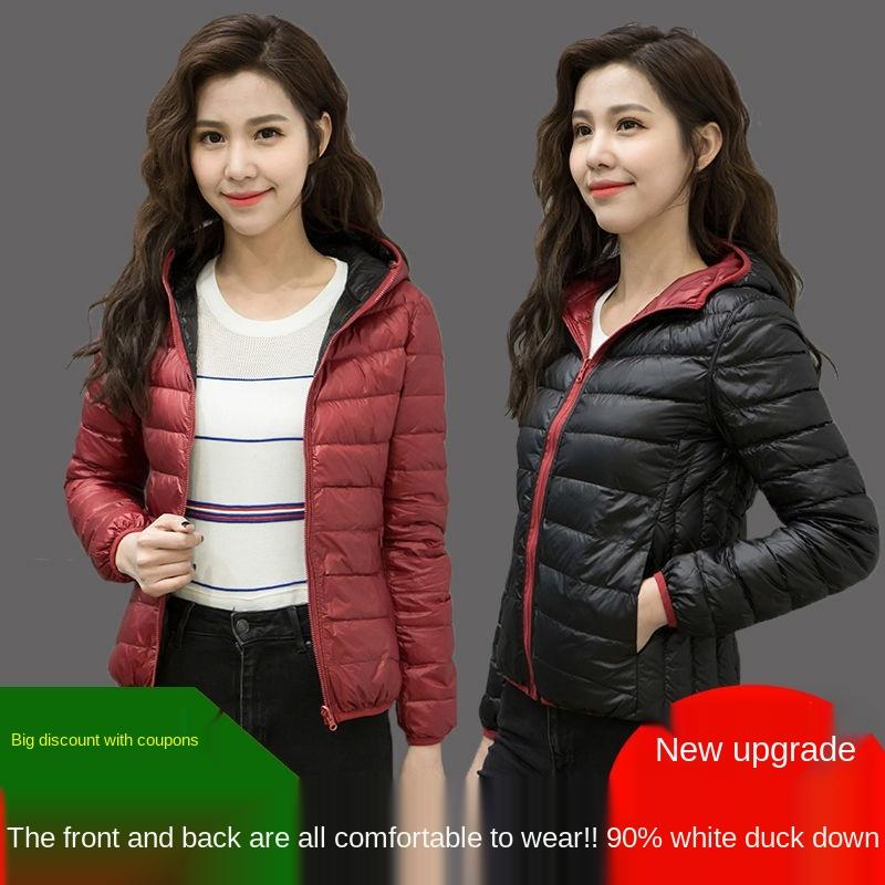 

Girl' coat light and thin double face wear hooded down jacket women' short large size slim on both sides, Orange