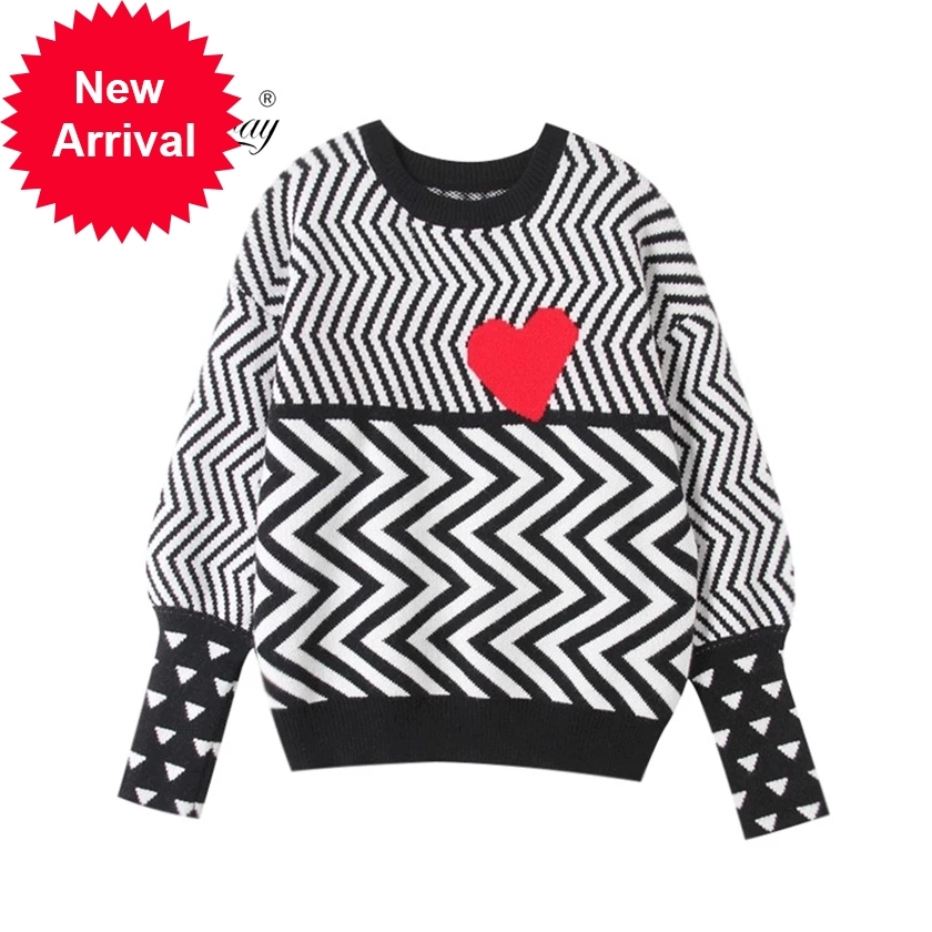 

2020 outono inverno feminino camisolas geomtricas corao padro manga longa topos adorvel pullovers malha solta jumper C-005, Black