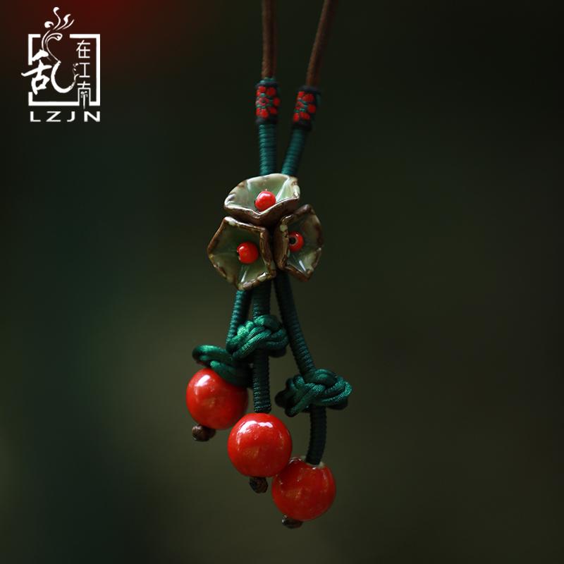 

LZJN Trendy Ceramic Flower Necklace for Women Maxi Rope Chain Red Ceramic Beads Long Necklace Handmade Vintage Chinese Jewelry
