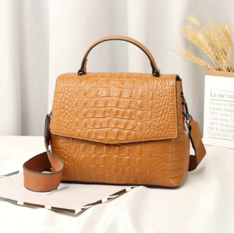 

European and American new winter crocodile pattern top layer leather handbag fashion one shoulder messenger bag leather handbag, Khaki