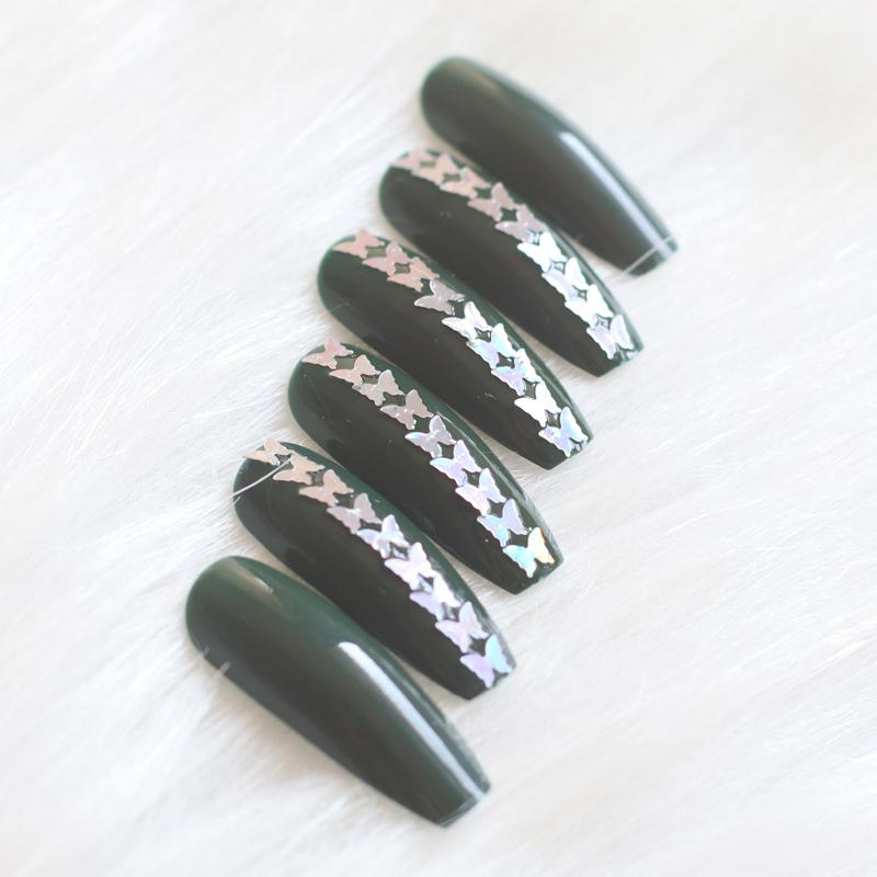 

24pcs dark green high-end salon ballet coffin DIY crystal glitter handmade fake nails, 1pcs