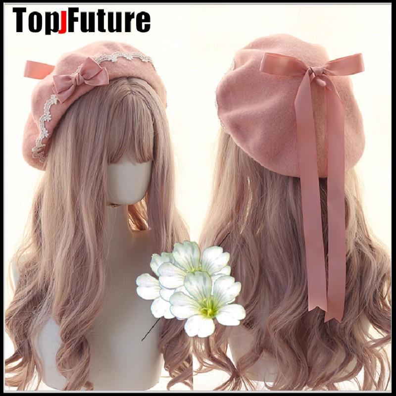 

Japanese girl Kawaii Beret Hat Lolita Teenage heart Sweet Woolen Handmade Cute Lace Bowknot Warm Winter Painter Hat Headdress, Brown