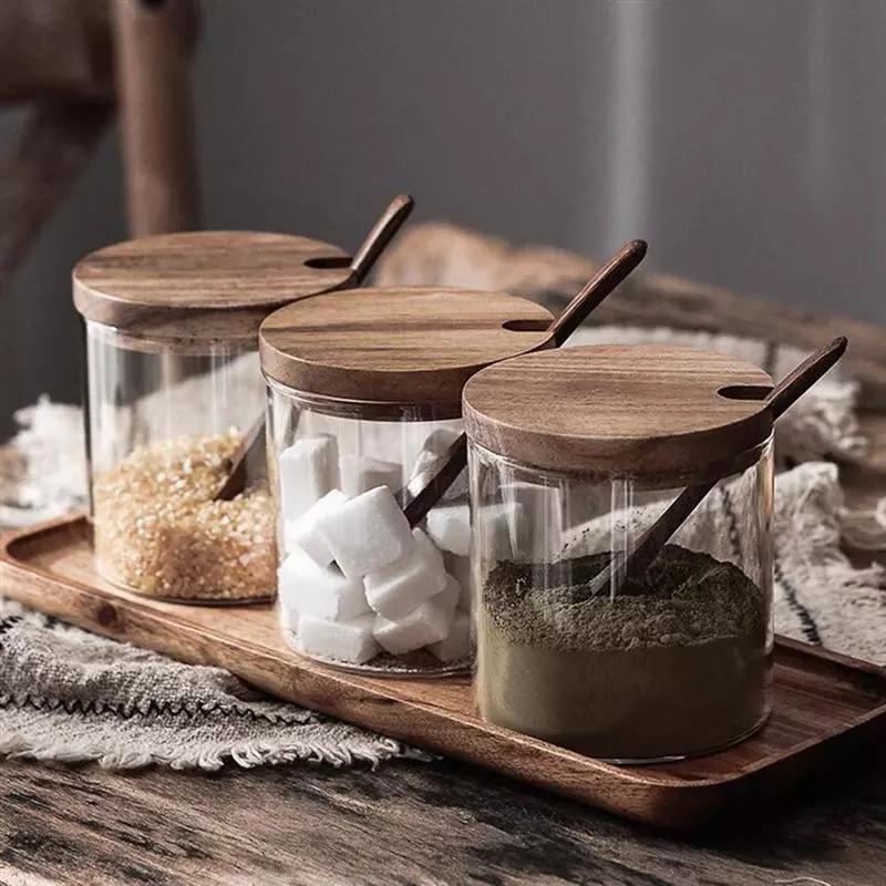 

3Pcs/Set Glass Sealed Seasoning Pot Wooden Lids Sealed Condiment Jars with Spoon Kitchen Salt Sugar Spice Organizer Container