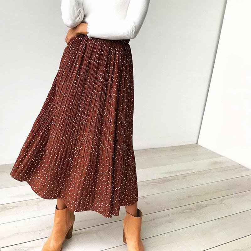 

Skirts White Dots Floral Print Pleated Midi Skirt Women Elastic High Waist Side Pockets Summer 2022 Elegant Female Bottom, Black