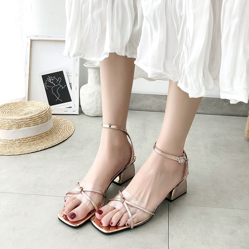 

Woman Sandals Female Transparent Square High Heels Buckle Strap Ladies Shoes Woman Cross Tie Peep Fashion Summer Casual Sandals, Silver