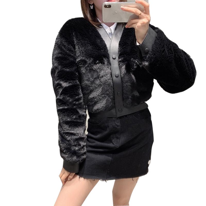 

Free Shipping 20 winter lady thickening plush fur V black short jackets Versatile warm and fashion tops women jackets
