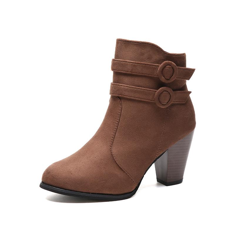 

2020 Double Buckle Woman Boots Autumn Winter Shoes Women Block Heel Flock Short Ankle Boots Lady Casual Shoes 8CM, Black