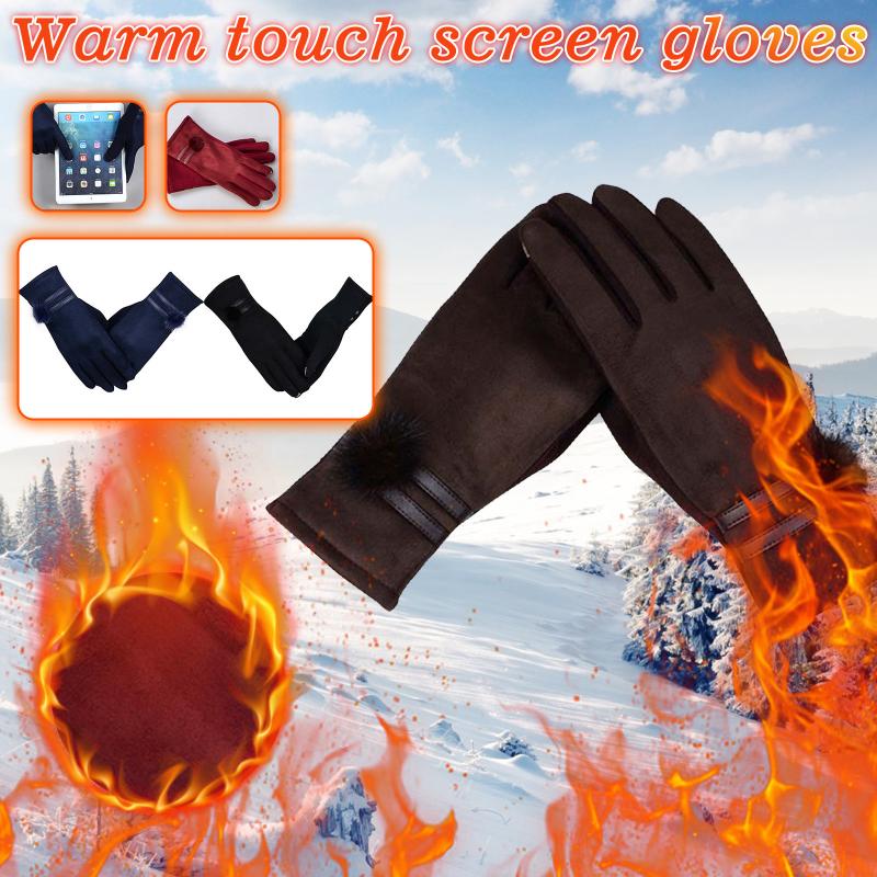 

Winter Gloves Women Double Furs Ball Non-fleece Warm Touches Screen Ladies Gloves Women Casual Mittens Guantes Accessorie