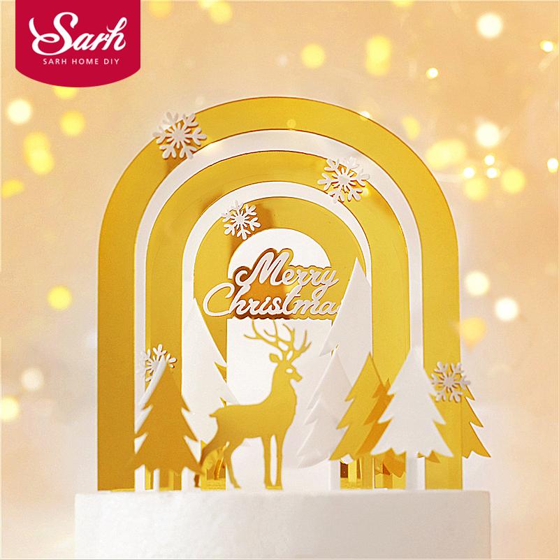 

Gold Arch Elk Xmas Tree Cake Topper for Christmas Snowflake New Year Party Decor Baby Shower Baking Supplies Kid Love Gifts