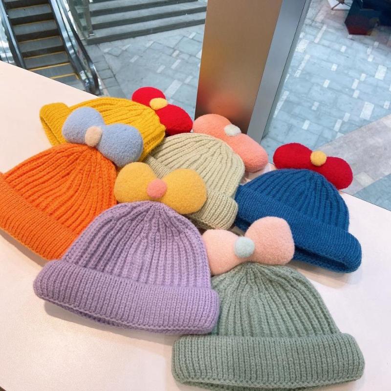 

Autumn and winter child sweet and cute bow knitted woolen hat student candy color warm wild melon hat Beanie Skull Hats for Kids, Black