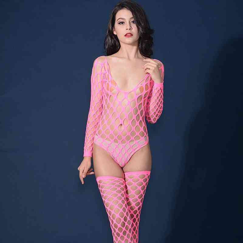 

Sexy Hollow-out Pajamas Long Sleeve With Seamless Stretch Socks Appeal, Black;red