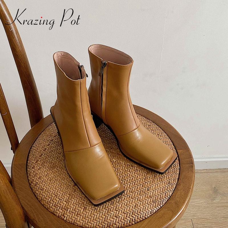 

Krazing Pot new western boots genuine leather catwalk modern high strange heel square toe zipper european design ankle boots L01, Black