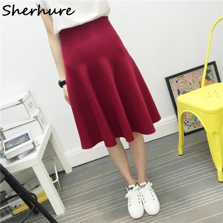 

2019 New Sexy Women Knitted Skirt Autumn Winter Solid High Waist Midi Skirts A-Line Pleated Skirt Female Jupe Saia High Quality1, Black