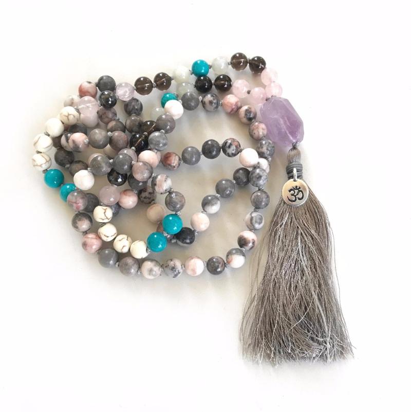 

108 MALA NECKLACE Pink Zebra Jaspers Mala Beads Necklace Smokey Quartz Jewelry Meditation Tassel Prayer Yoga Jewelry